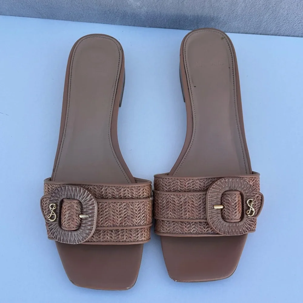 Sam & Libby Womens Woven Raffia Buckle Slide Sandals Tan Square Toe Block Heel